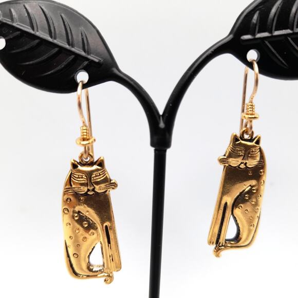 Laurel Burch Siamese Cat Earrings Gold Plated Vintage 1980s Signed Dangle - Picture 7 of 10